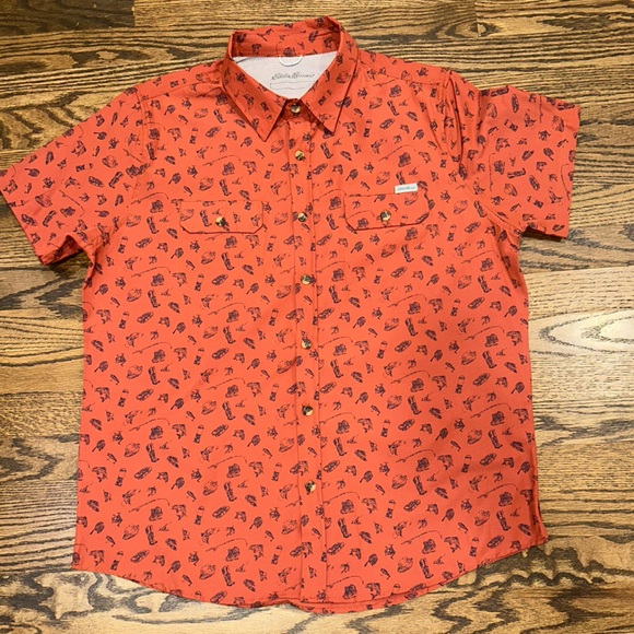 Mens L Eddie Bauer button up short sleeve shirt burnt orange equestrian pattern - Picture 1 of 9